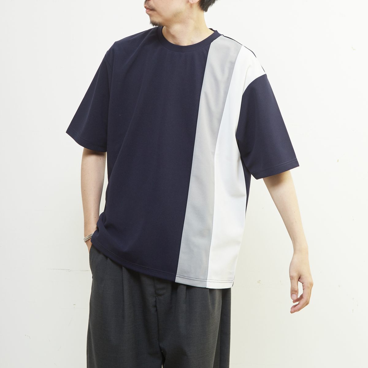 ジョーゼットパネルストライプTシャツ／メンズメルローズ（MEN'S MELROSE）