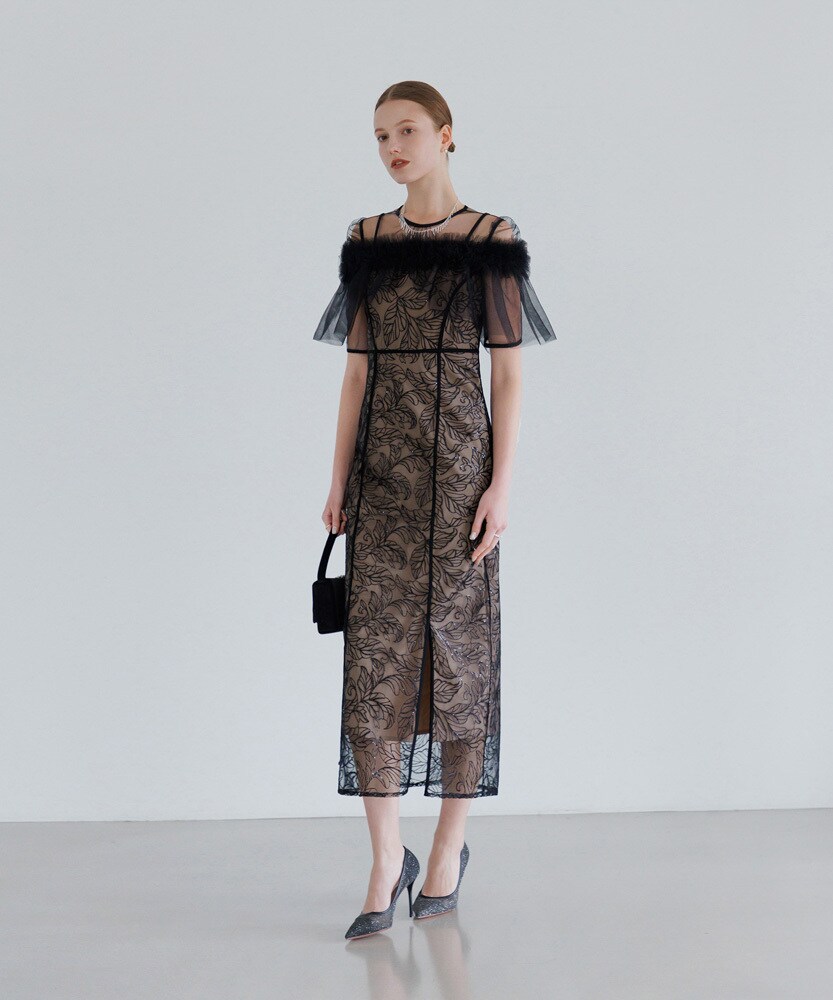 花柄刺繍チュールアシンメトリーIラインドレス／レジャ（Leja）