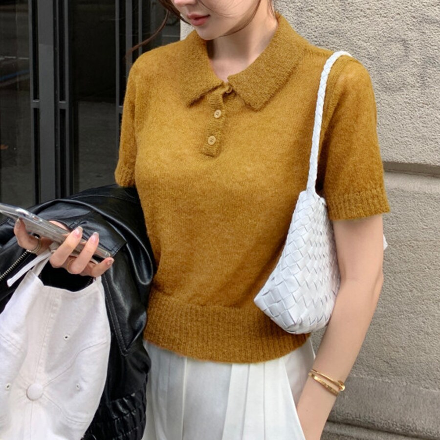 襟・ボタン付き襟付きサマーニットカットー／ドゥーベル（Doux Belle）