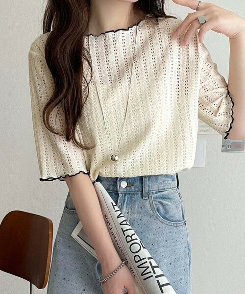 肌見せしすぎず、ほんのり色っぽ。透かし編みメロウトップスカットソー（半袖）／クラシカルエルフ（Classical Elf）のサムネイル