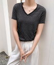 Vネック細ボーダーTシャツ/バニコ(Banico)