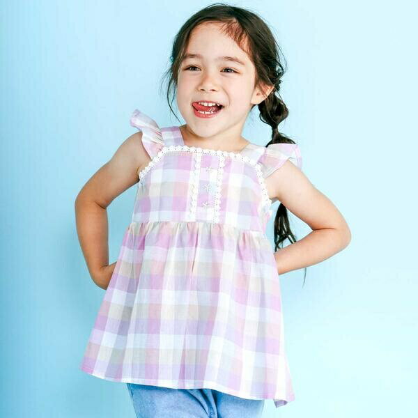 マドラスチェック肩フリルチュニック(90~130cm)／スラップスリップ（SLAP SLIP）