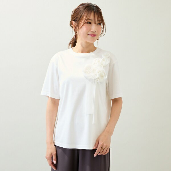 【接触冷感/綿100/手洗いOK】巻きバラ刺繍カットソー／ローズティアラ（Rose Tiara）
