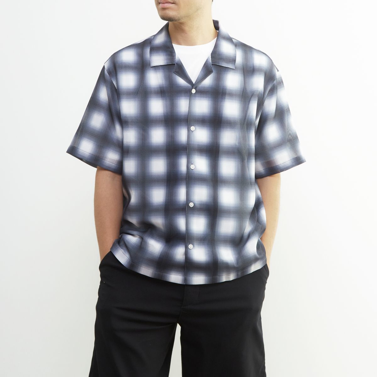 メッシュオンブレチェック 半袖オープンカラーシャツ／メンズメルローズ（MEN'S MELROSE）