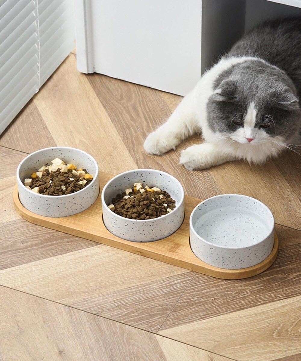 ナチュラル陶器製ペットボウル＆竹製スタンドセット／アイモハ（aimoha）