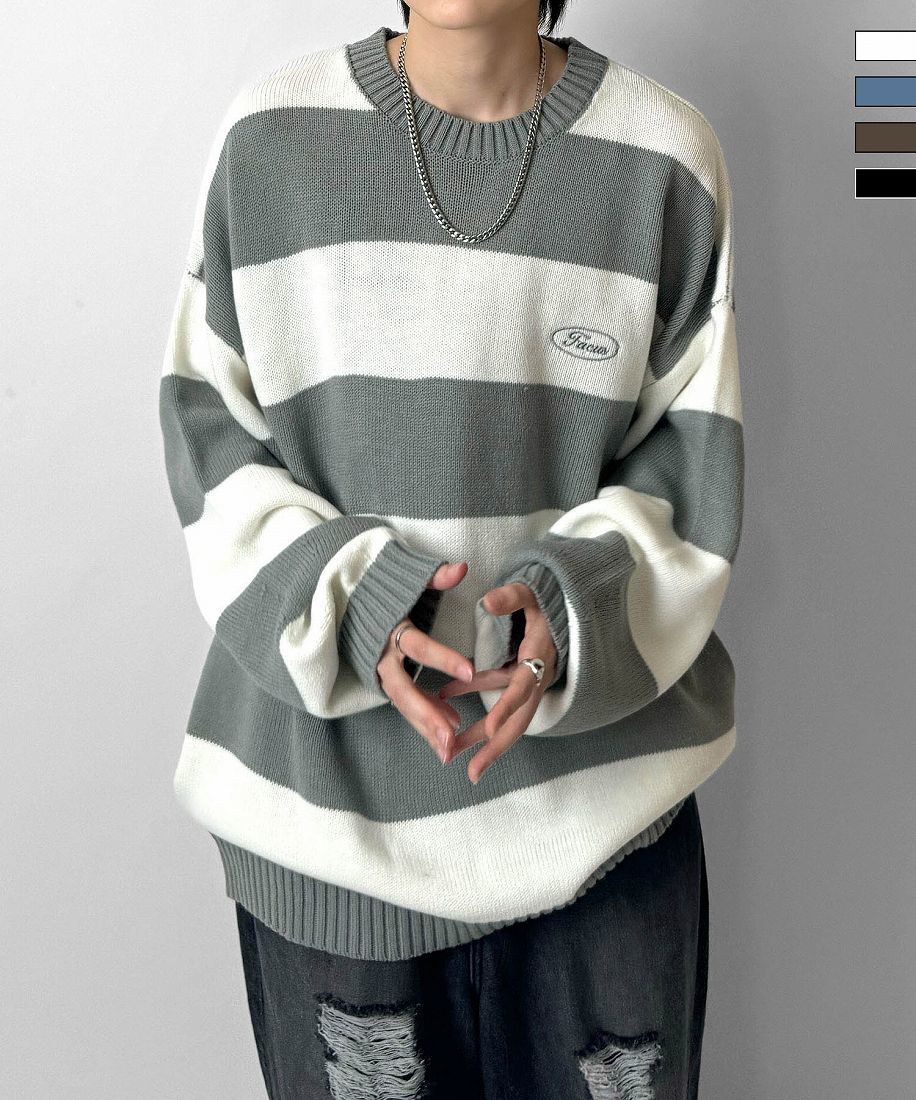 ILL’S ビッグシルエット ワンポイント刺繍 ボーダーニットプルオーバー/イルズ(ILLS)