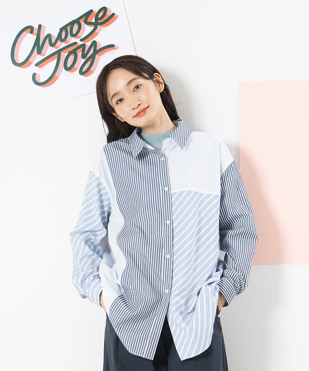 【大きいサイズ】15号(3L) FONTLAB ストライプクレイジーパターンシャツ／サブストリート（sab street）