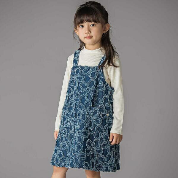 【店舗限定】花柄フリンジデニムジャンパースカート(95~150cm)／ベベ プチ ポワ ヴェール（BeBe Petits..