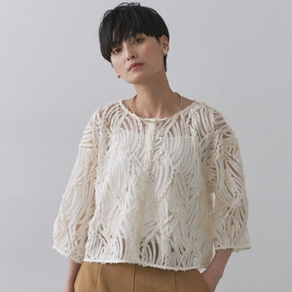 シアー刺繍レース前開きブラウス【洗濯機洗い可】／オペークドットクリップ（OPAQUE.CLIP）