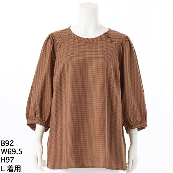 リネンチェックブラウス 【グリーンノート】【大きいサイズ】【レディース】【L・LL号】／グリーンノート（gree*n[nout]）