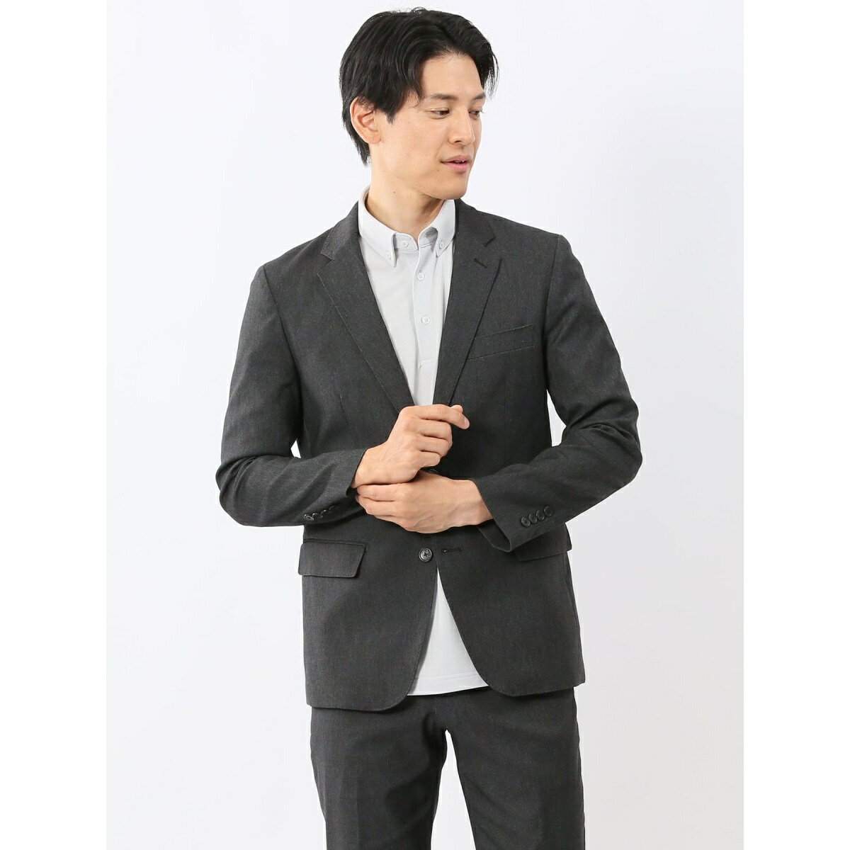 【ストレッチ ウォッシャブル】タカキュー 2釦ジャケット デニム調黒(セットアップ可能)／タカキュー（TAKA-Q）