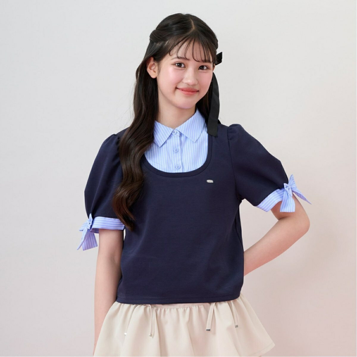 袖リボン布帛ドッキングTシャツ／