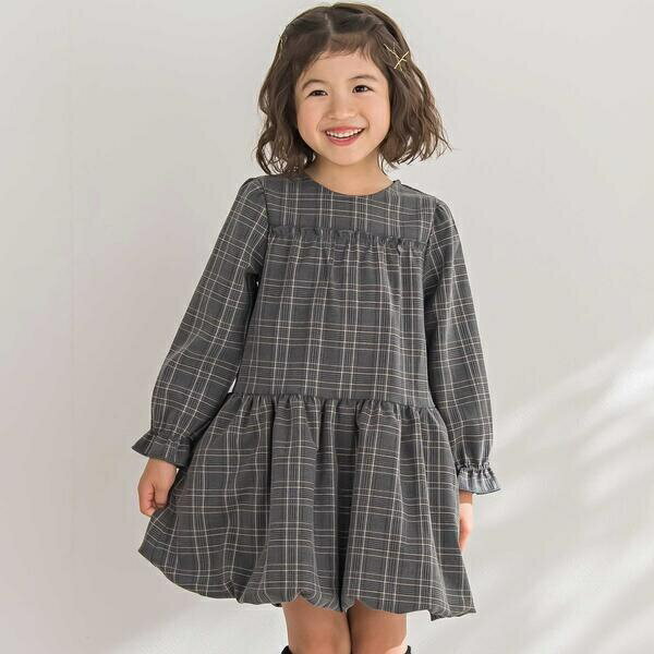 【店舗限定】チェックバルーン長袖ワンピース(95~150cm)／ベベ プチ ポワ ヴェール（BeBe Petits Pois ..