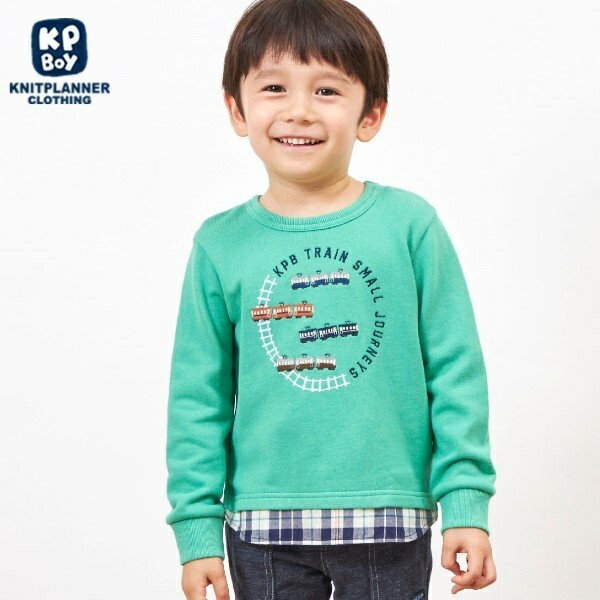 KPBOY 電車刺しゅうの裾切り替え裏毛トレーナー(80〜150)／ケーピー（KP）