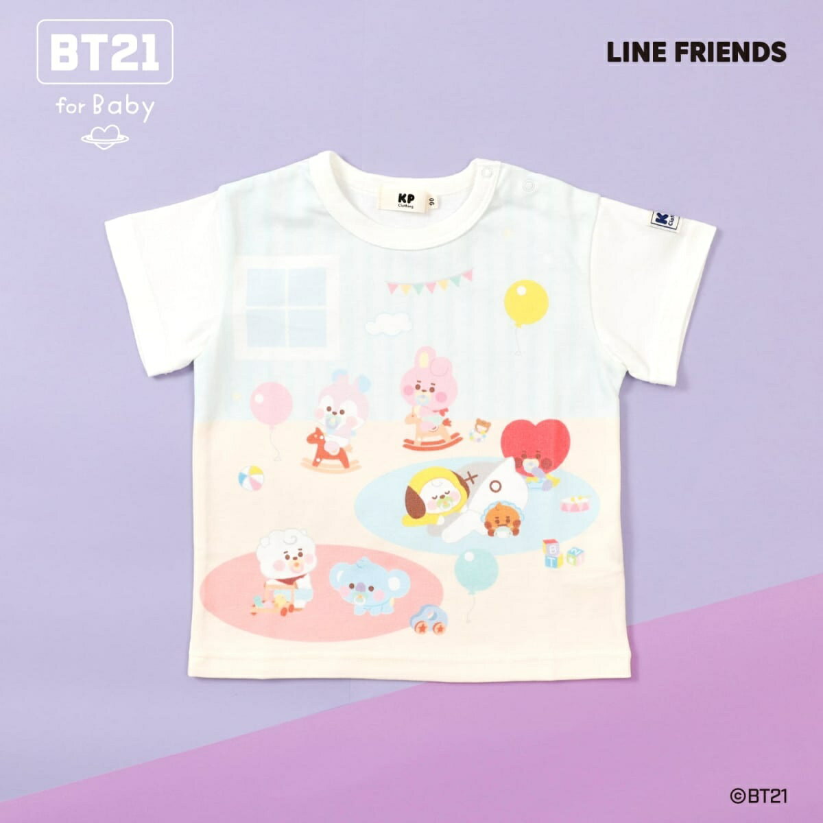 [型番：4553226]BT21から、待望のベビーウェアが登場！ユニバースターBT21たちのベビーグラフィックを大胆にあしらった、インパクトのあるパネルプリントTシャツ。表情豊かで愛らしいデザインは、着ているだけで注目の的に♪赤ちゃんの可愛らしさを引き立てる一枚です。お着替えしやすい左肩開きの仕様です。■カラー：オフ ホワイトサイズ：着丈×胸囲×肩巾×袖丈80cm：35×60×27×8.590cm：37×62×28×9※(　)で表記されている数字はヌードサイズです。ヌードサイズとは衣服を身につけない身体のサイズです。お客様ご自身の身体サイズと比較してお選びください。 ■素材： 綿100% ■お手入： 洗濯方法は商品タグをご確認ください&nbsp;&nbsp;>>商品のお取り扱い方法 ■原産国： 中国【BT21】パネルプリント半袖Tシャツ／ケーピー（KP）オフ ホワイト画面上と実物では、多少色具合が異なって見える場合がございます。