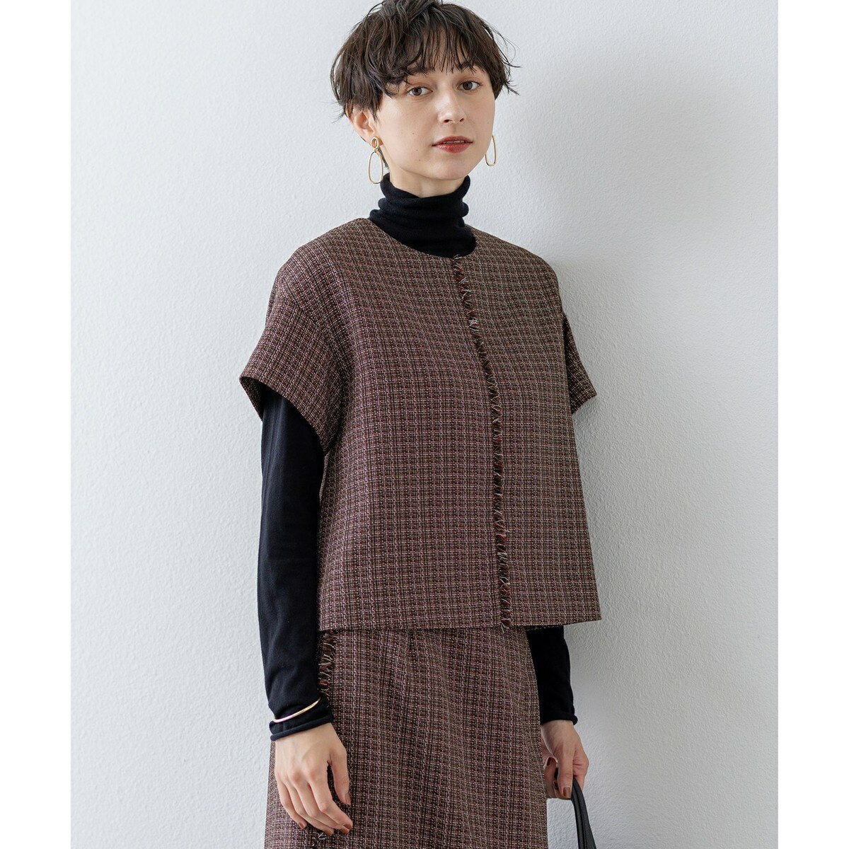 【洗える】ツイーディーカラーミックス ハーフスリーブ ブラウス／23区（23KU）