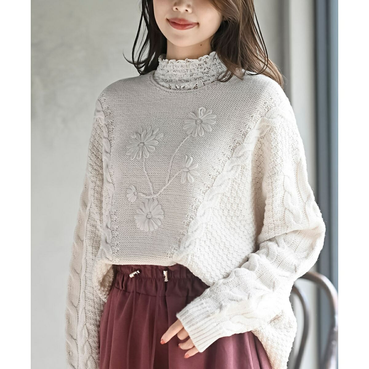 花柄刺繍ケーブルニットプルオーバー／アール・ピー・エス（r.p.s）