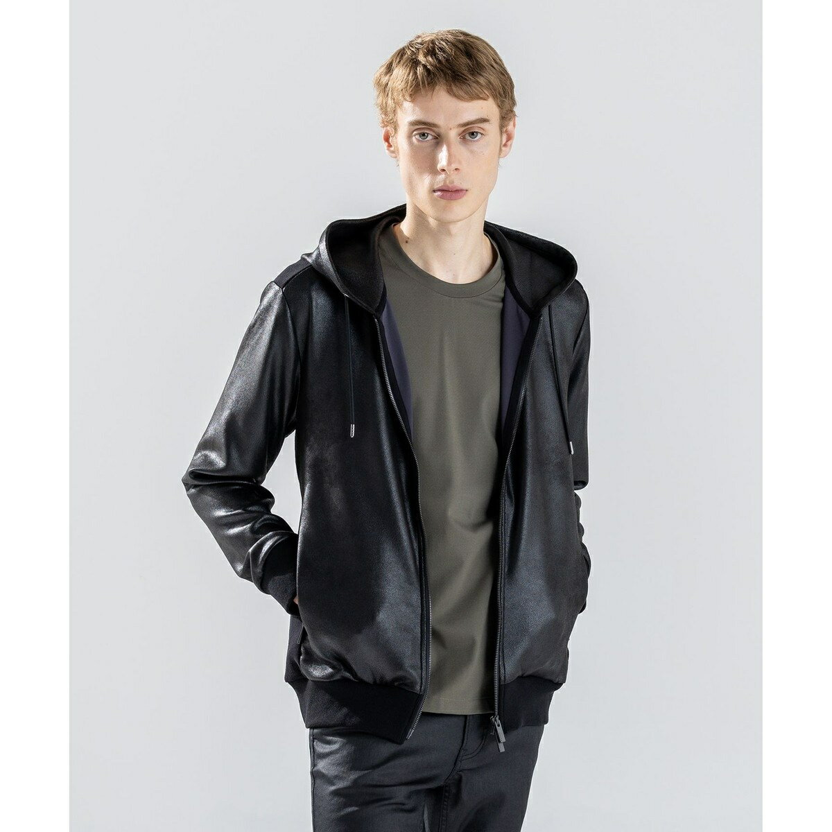 新素材【ストレッチ/光沢感】レザーライクジャージーコンビ フーディー/ジョゼフ オム(JOSEPH HOMME)