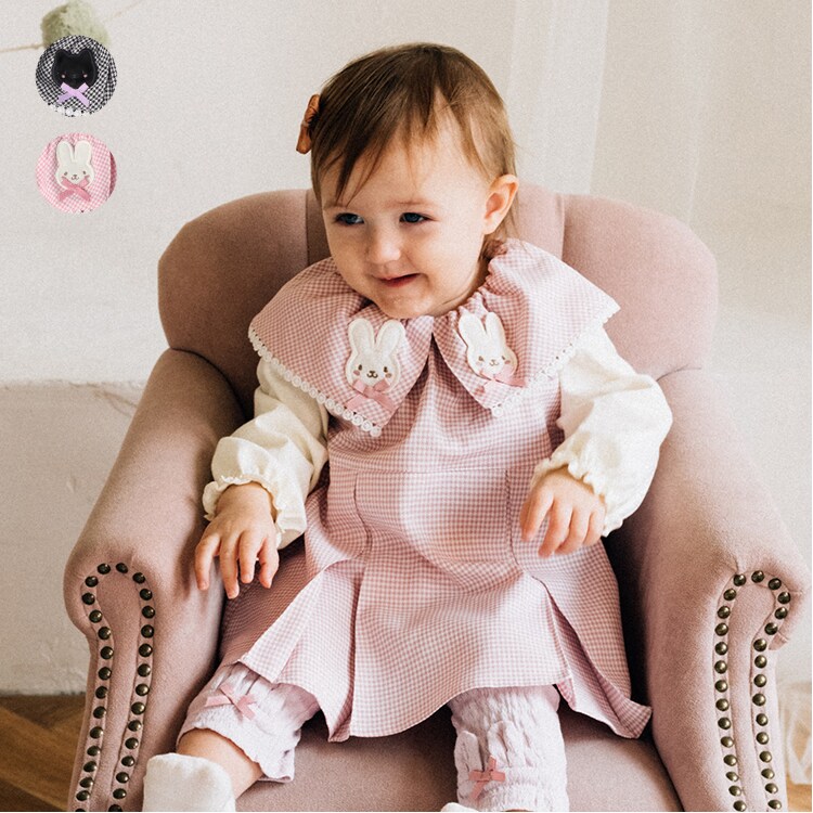 ねこ・うさぎ衿付き千鳥格子柄ロンパース・オール/キッズズー(kid's zoo)