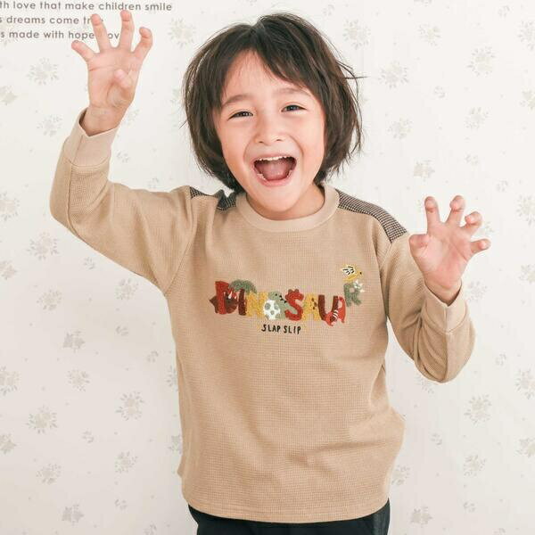 恐竜サガラ刺しゅうワッフルTシャツ(80~130cm)／スラップスリップ（SLAP SLIP）