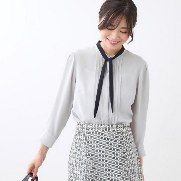 【配色ボウタイ付き】八分袖ジョーゼットブラウス／リフレクト（Reflect）