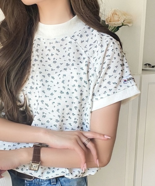 【2025AW新作】《JaVaコラボ》 小花柄ワッフル素材 ラグランフレンチ袖 カットソー（半袖）／クラシカルエルフ（Classical Elf）