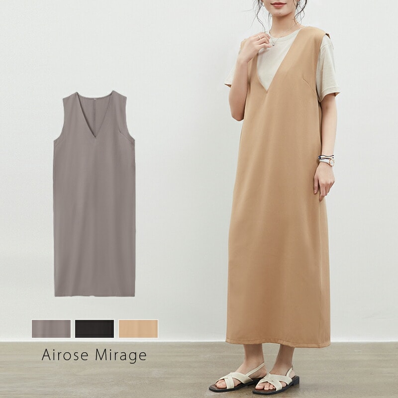 レディース Vネック ロングワンピース マキシ丈 バックスリット 着痩せ 春秋冬 アイローズ／アイローズ..