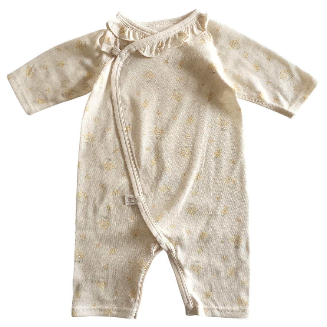 オーガニックベビープチドレス(吊天竺・ミモザプリント)／育児工房（Ikuji-Kobo）