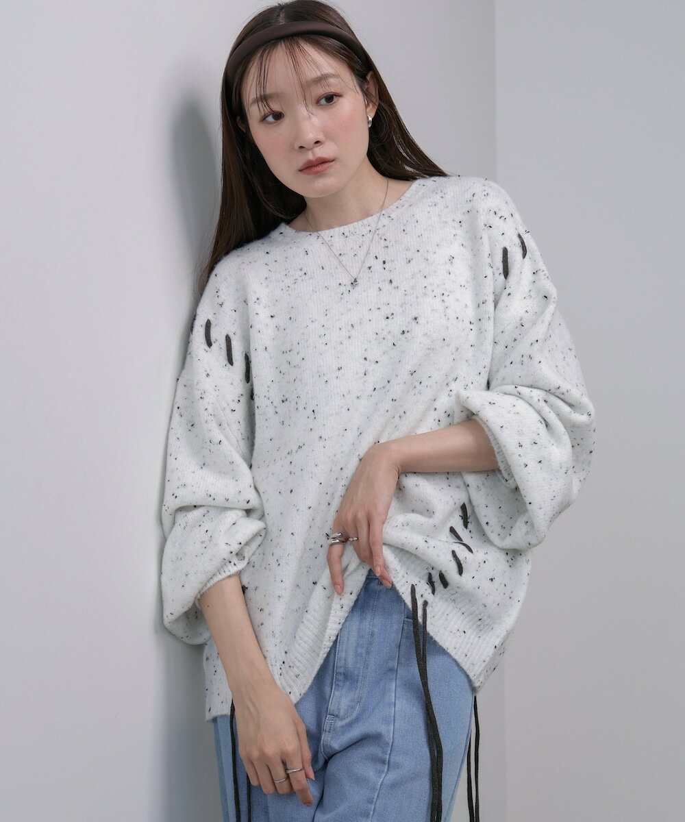 チョコチップ風ネップ 編み上げニットトップス／バブ（Bab）