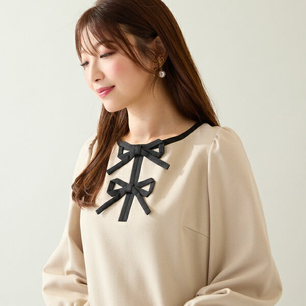 【伸縮性◎/イージーケア】配色リボンワンピース／ローズティアラ（Rose Tiara）