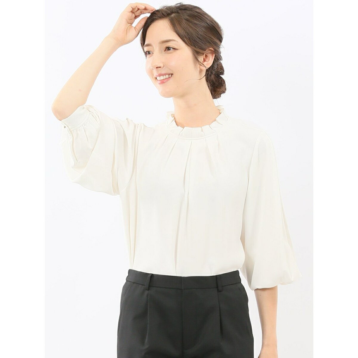 【 ストレッチ ウォッシャブル】m.f.エディトリアル タック衿 長袖プルオーバーブラウス／m.f.エディトリアル（m.f.editorial）