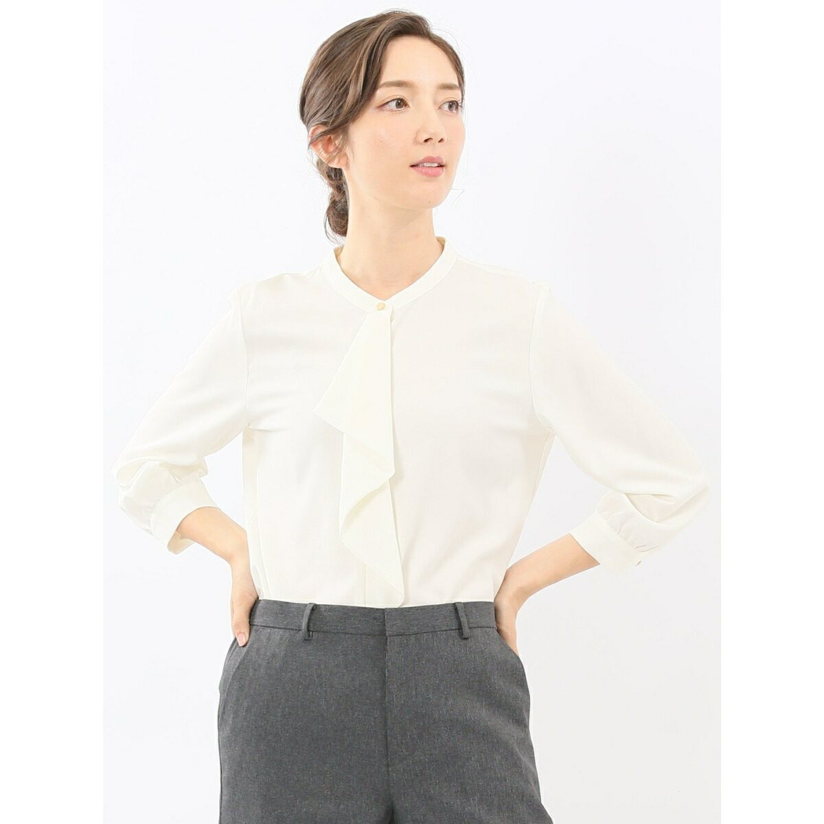 【ストレッチ イージーケア UV】m.f.エディトリアル ラッフルフリル 8分袖プルオーバーブラウス／m.f.エディトリアル（m.f.editorial）