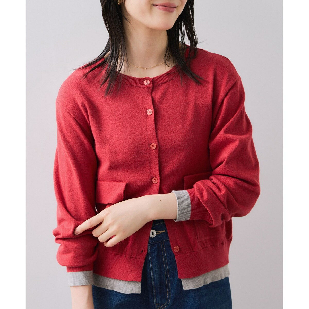 【WEB限定】ダブルポケットバイカラーレイヤードカーディガン／ビス（VIS）