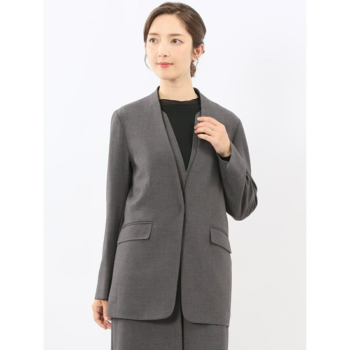 【ストレッチ ウォッシャブル】m.f.エディトリアル ウール調ノーカラージャケット(セットアップ可)／m.f.エディトリアル（m.f.editorial）