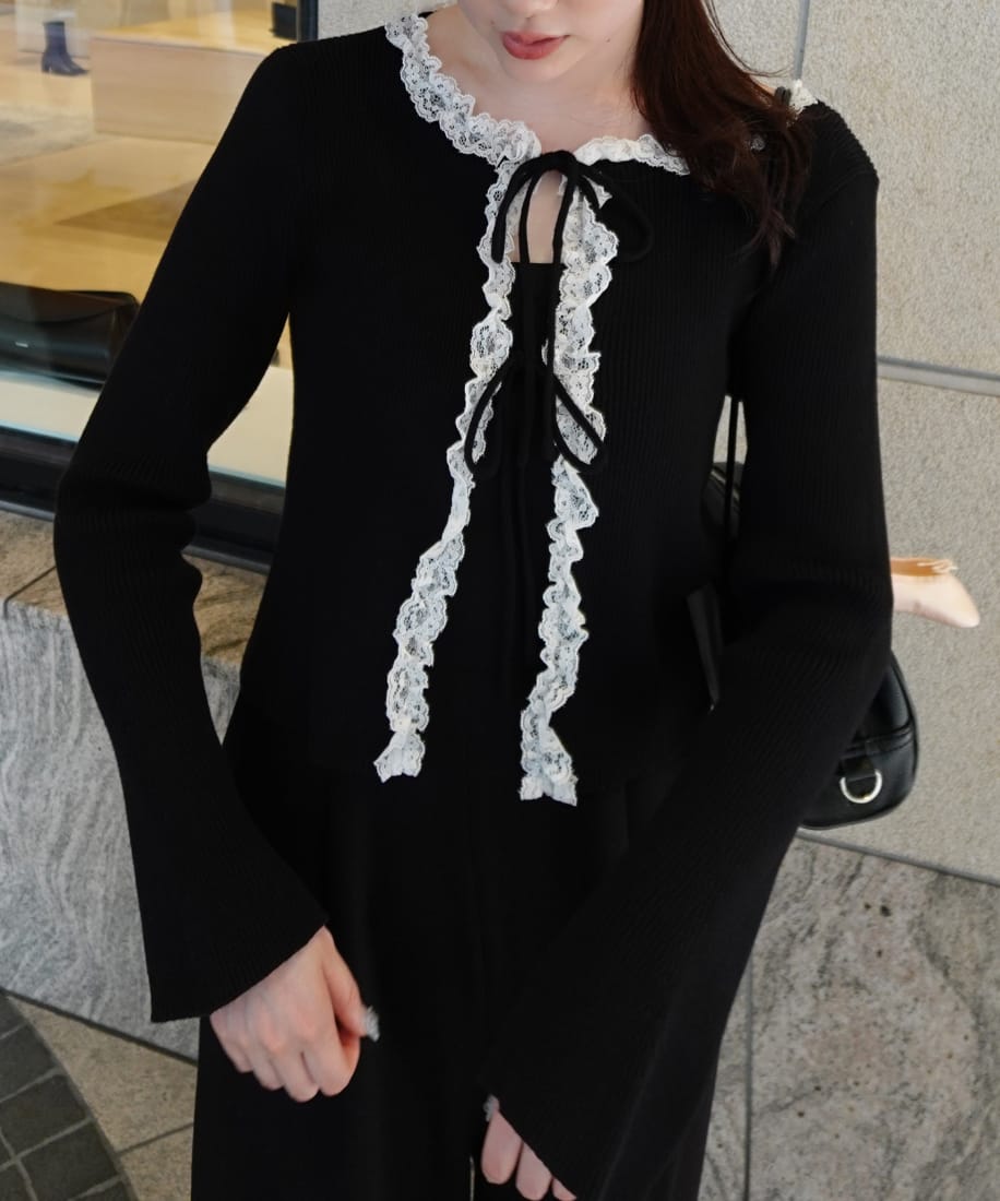 レースフリルリブニットカーディガン／ジュノア（JUNOAH）