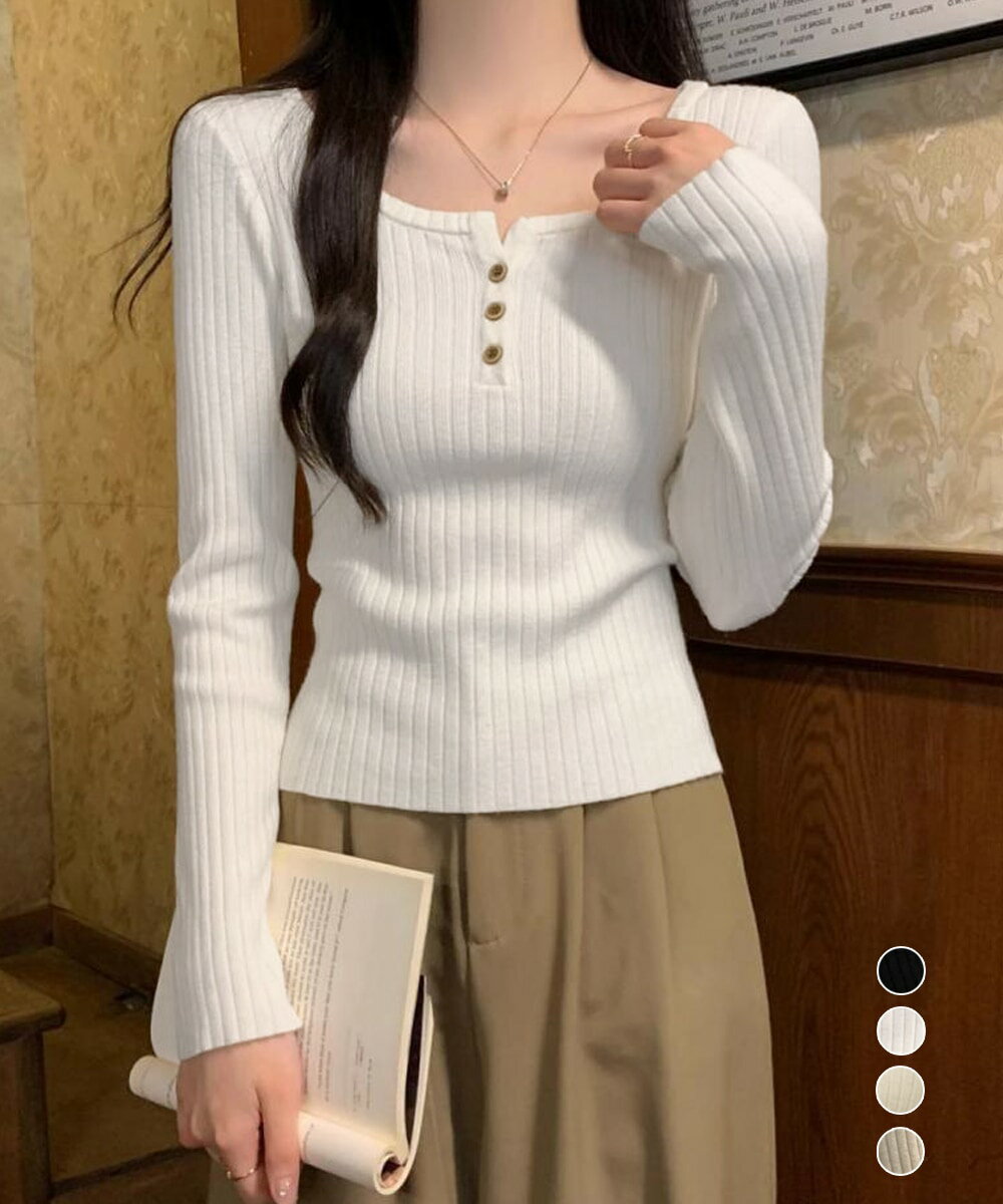 リブニットトップス 着やせ 無地 韓国風／ミニミニストア（miniministore）