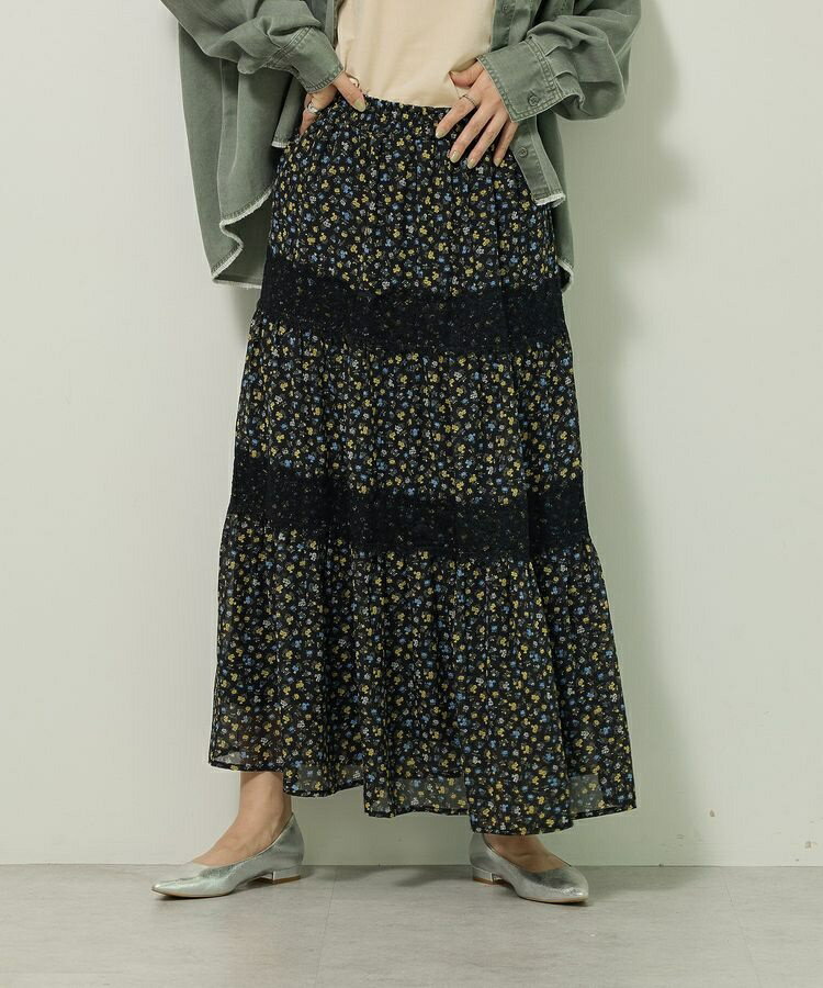 レースドッキング花柄ティアードスカート／グリーンパークス（Green Parks）