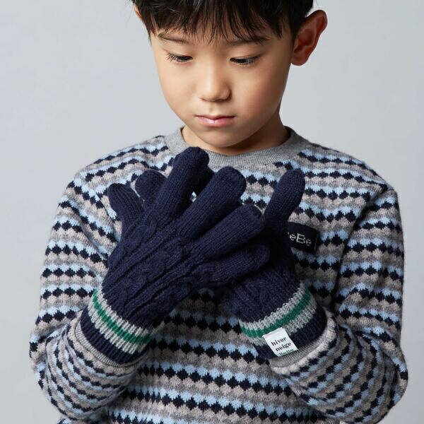 Gloves - 【お揃い】ケーブル編みライン配色ニット手袋／ベベ（BeBe）