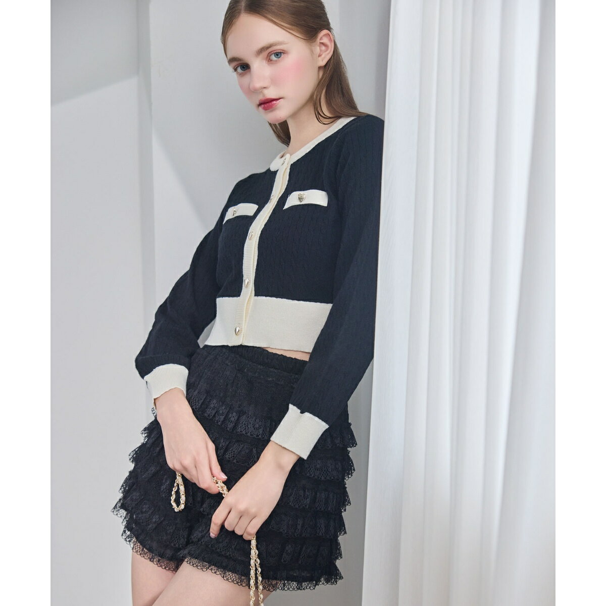 バイカラーケーブルニットカーデ／マジェスティックレゴン（MAJESTIC LEGON）