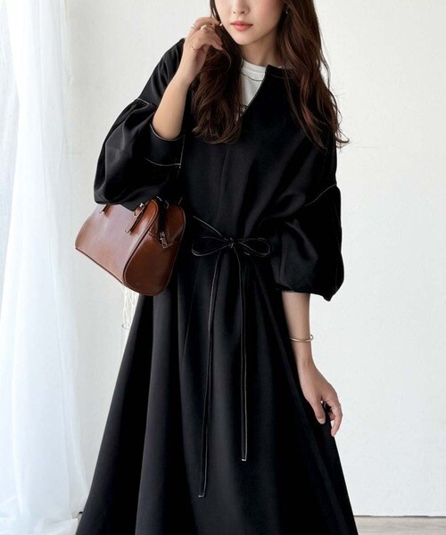 【2025AW新作】ぽわんとあざとく。ウエストリボン使い配色ステッチキーネックワンピース（長袖）／クラシカルエルフ（Classical Elf）