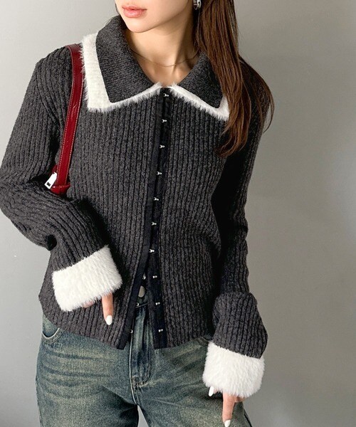 【mily bilet】異素材ダブル襟デザインリブニット素材フロントフックカーディガン（長袖）／クラシカルエルフ（Classical Elf）