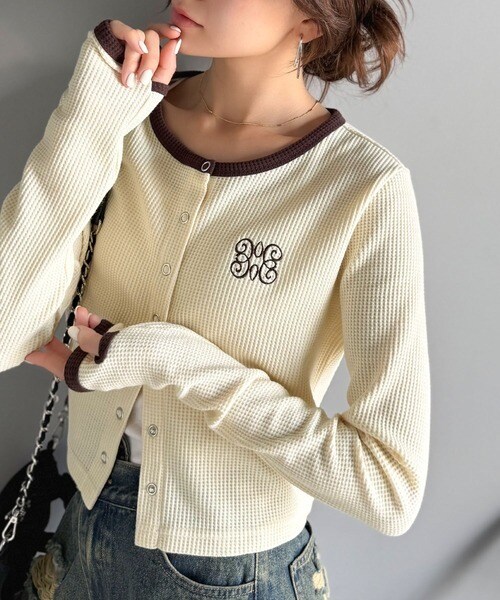 25AW新作【mily bilet】配色指穴スナップボタンクロップドワッフルカーディガン（長袖）／クラシカルエルフ（Classical Elf）