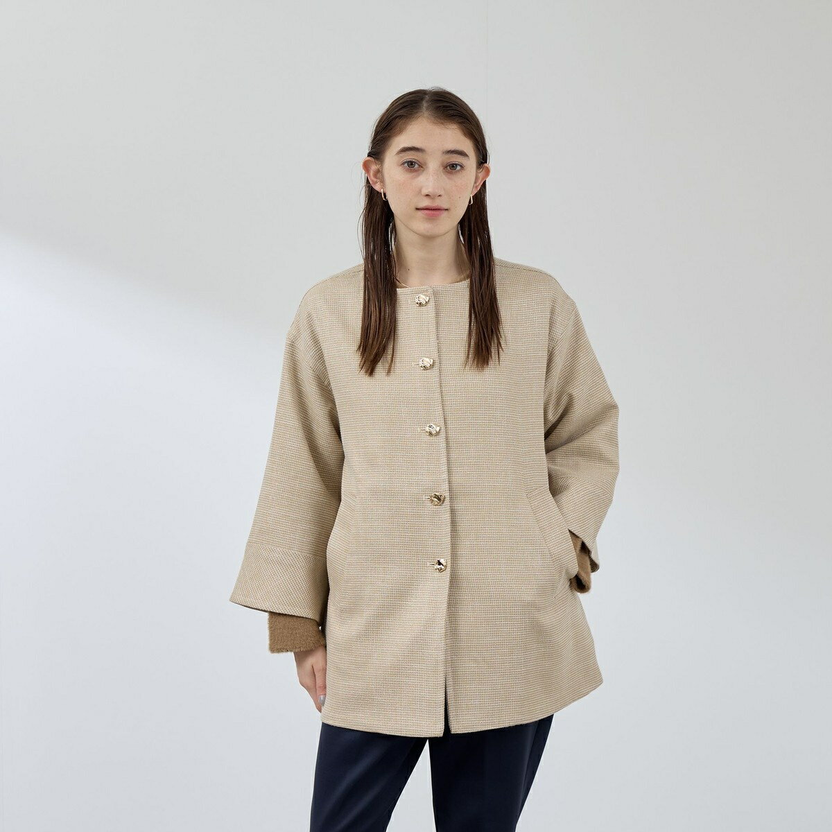 ツィード調ハウンドトゥースノーカラーコート≪手洗い可能≫／クイーンズコート（QUEENS COURT）