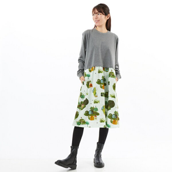 SUPER HAKKA×サクマ ユウコ ｢ある日の森の街｣/｢この葉の青い鳥｣プリントワンピース／スーパーハッカ（SUPER HAKKA）