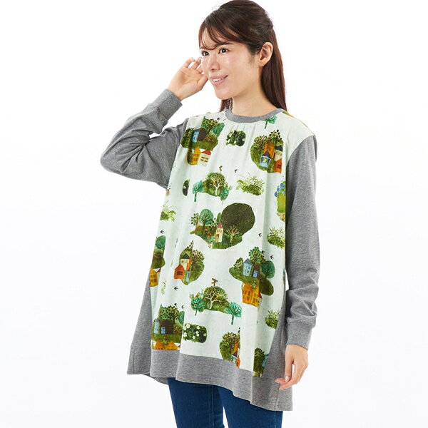 SUPER HAKKA×サクマ ユウコ ｢ある日の森の街｣/｢この葉の青い鳥｣プリントチュニック／スーパーハッカ（SUPER HAKKA）