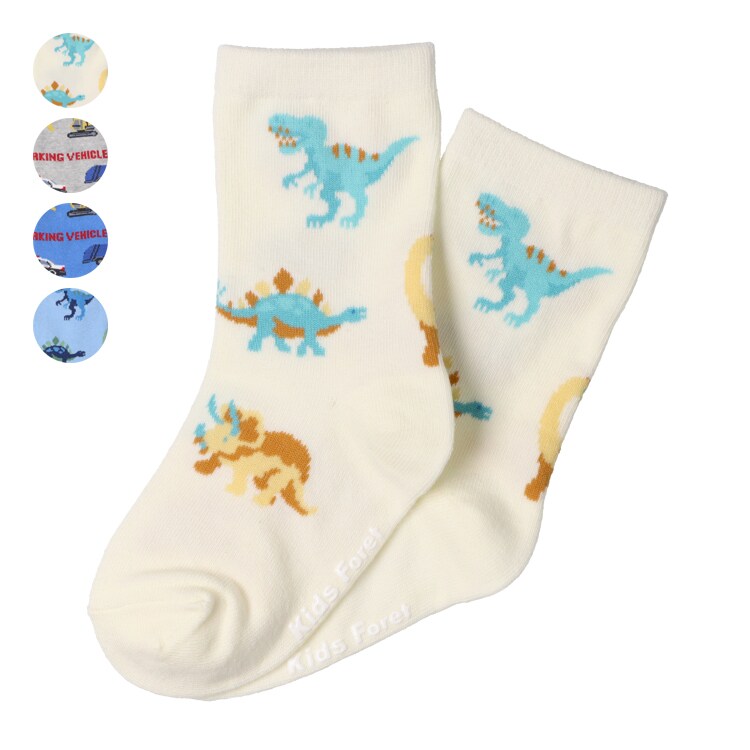 恐竜・働く車総柄クルーソックス／キッズフォーレ（Kids Foret）