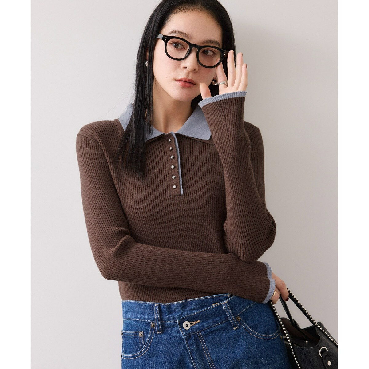 ダブルカラーポロニットトップス／ビス（VIS）