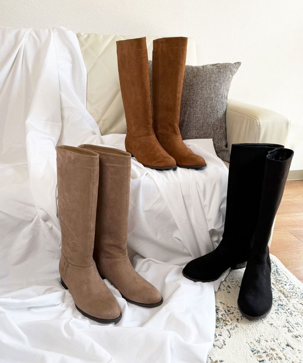 lus.25008【今季注目のデザイン！】ワイドシャフトスエードロングブーツ ローヒール3cm／ラスドット（lus.）