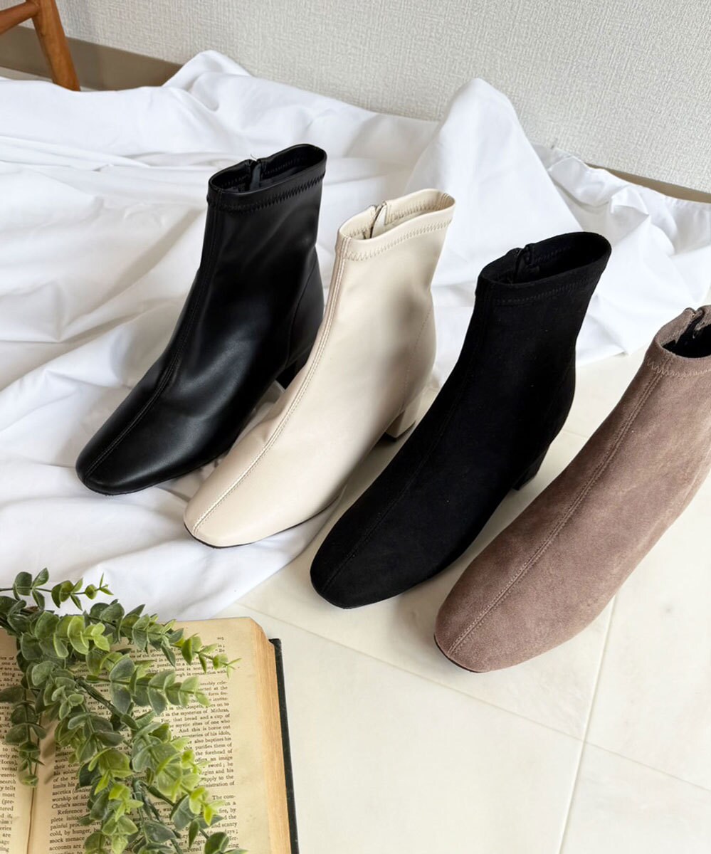 lus.スクエアトゥストレッチショートブーツ 柔らかストレッチ 5cmヒール／ラスドット（lus.）