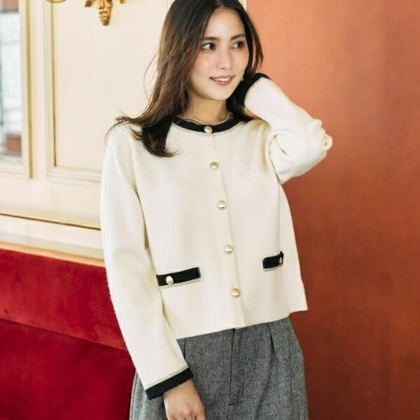 【通勤・大人上品】ムースタッチジャカード 配色スカラカーディ／クチュールブローチ（Couture Brooch）